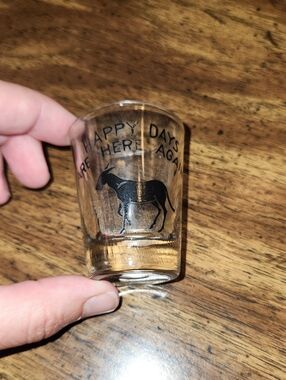 Happy Days Are Here Again Clear Glass Shot Glass with Black Donkey Graphic